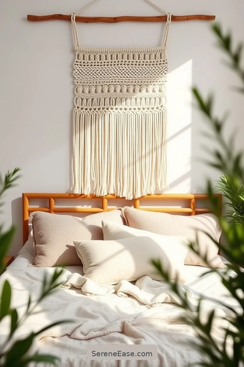 Hang Macramé Wall Art for 23 Ways to Achieve Neutral Tones in Bohemian Style Bedroom