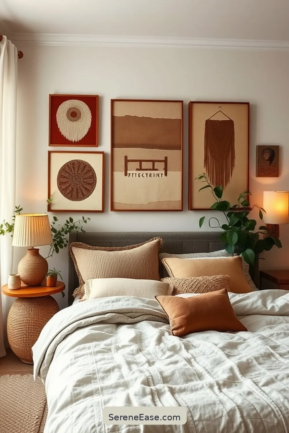 Use Earth-Toned Wall Art for 23 Ways to Achieve Neutral Tones in Bohemian Style Bedroom
