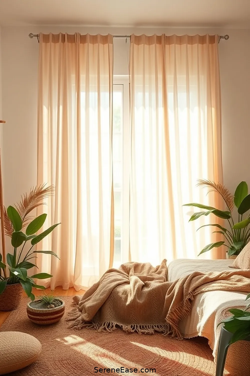 Utilize Sheer Curtains for 23 Ways to Achieve Neutral Tones in Bohemian Style Bedroom