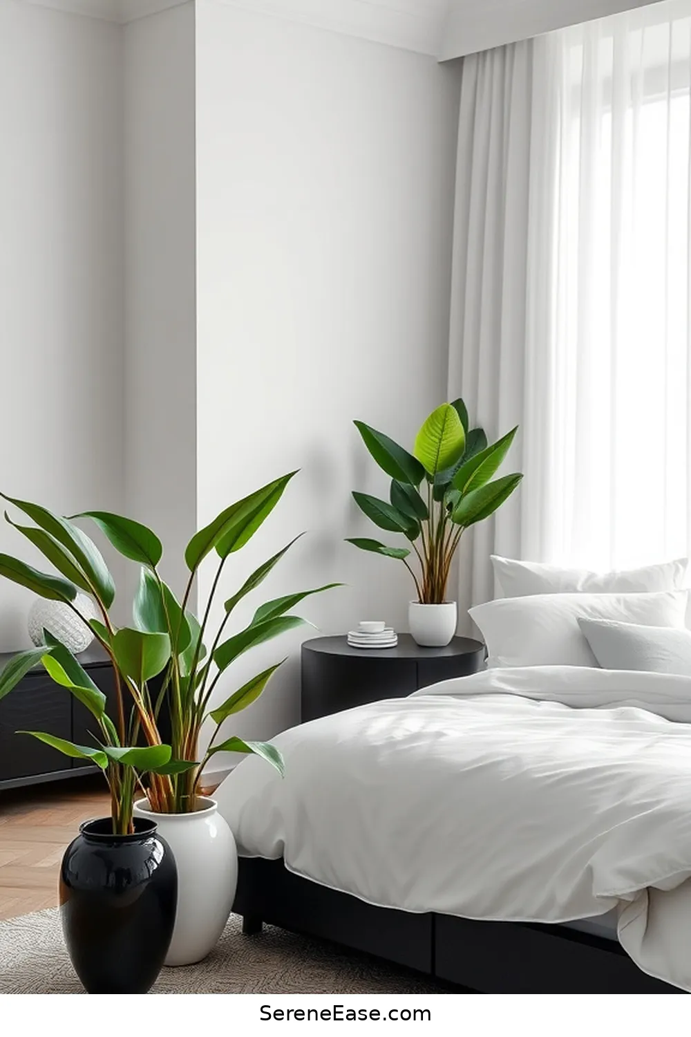 23 Ways to Achieve a Monochromatic Bedroom in Minimalist Style 11 Add Greenery for Contrast for 23 Ways to Achieve a Monochromatic Bedroom in Minimalist Style