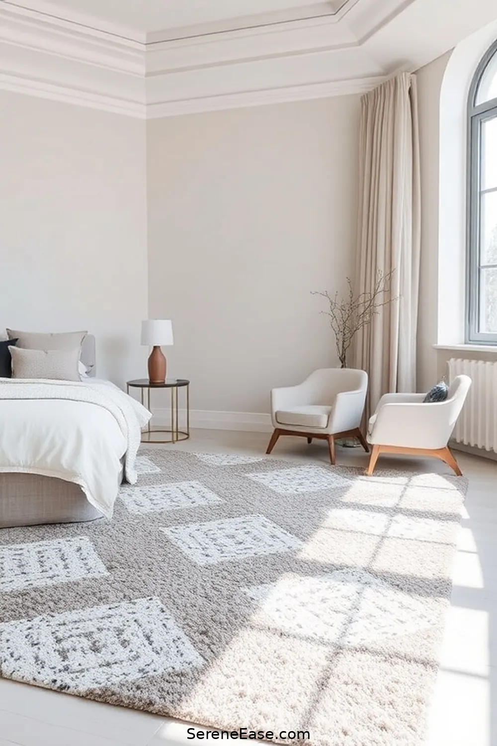 23 Ways to Achieve a Monochromatic Bedroom in Minimalist Style 14 Select a Statement Rug for 23 Ways to Achieve a Monochromatic Bedroom in Minimalist Style