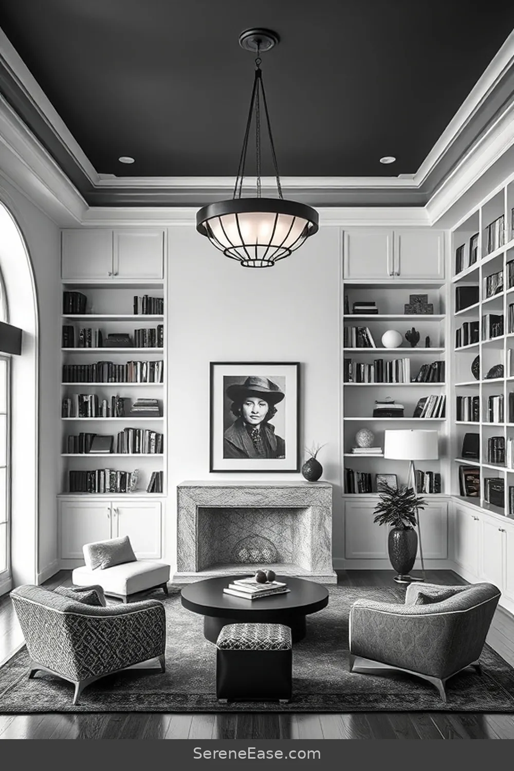 23 Ways to Create a Black and White Mid-Century Modern Style Library 7 Add a Statement Lighting Fixture for 23 Ways to Create a Black and White Mid-Century Modern Style Library