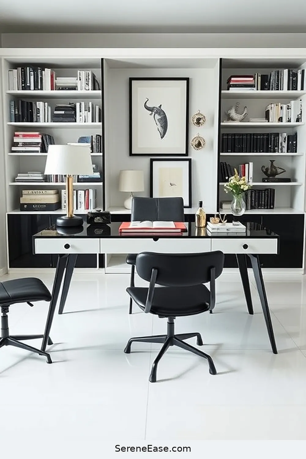 23 Ways to Create a Black and White Mid-Century Modern Style Library 16 Choose a Stylish Desk for 23 Ways to Create a Black and White Mid-Century Modern Style Library