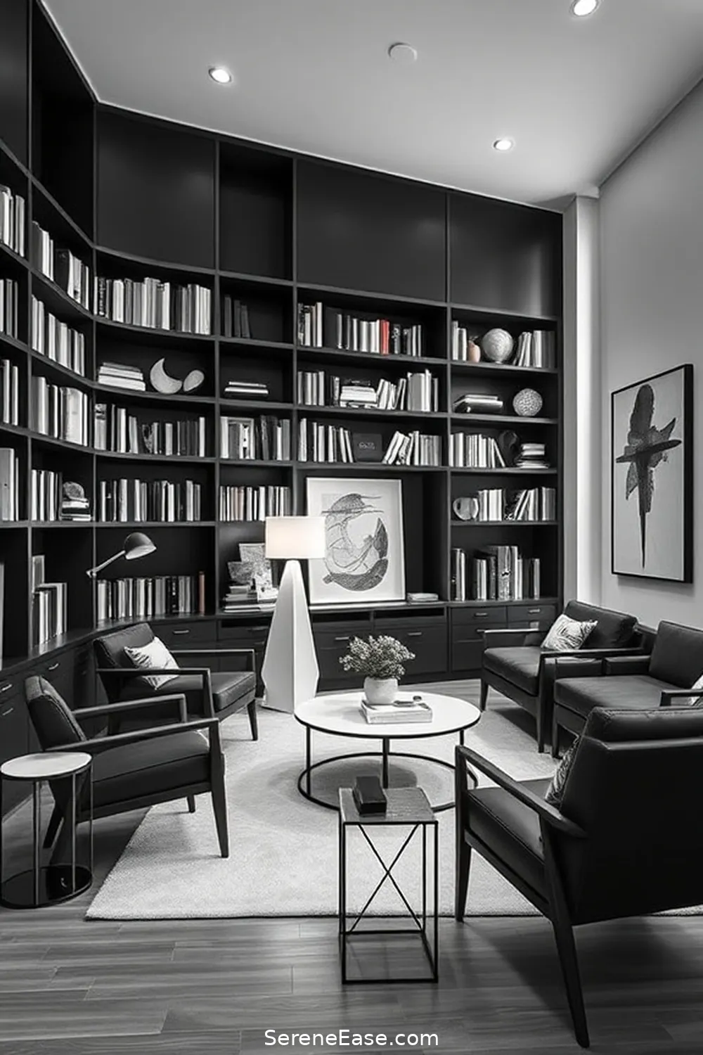 23 Ways to Create a Black and White Mid-Century Modern Style Library 21 Incorporate Functional Decor for 23 Ways to Create a Black and White Mid-Century Modern Style Library