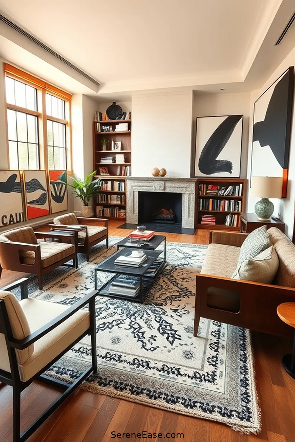 23 Ways to Create a Black and White Mid-Century Modern Style Library 4 Incorporate Geometric Patterns for 23 Ways to Create a Black and White Mid-Century Modern Style Library