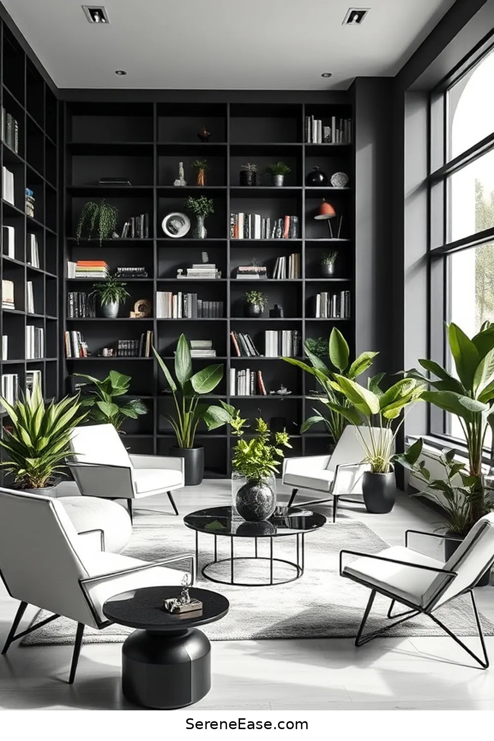 23 Ways to Create a Black and White Mid-Century Modern Style Library 15 Integrate Indoor Plants for 23 Ways to Create a Black and White Mid-Century Modern Style Library