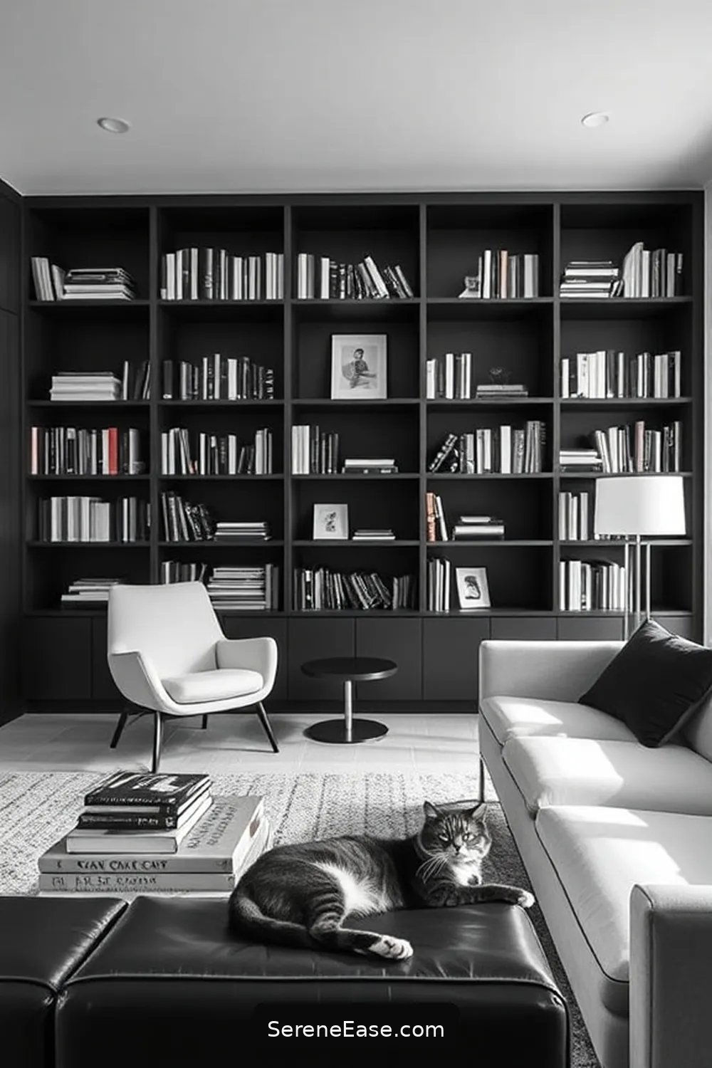 23 Ways to Create a Black and White Mid-Century Modern Style Library 20 Keep the Space Clutter-free for 23 Ways to Create a Black and White Mid-Century Modern Style Library