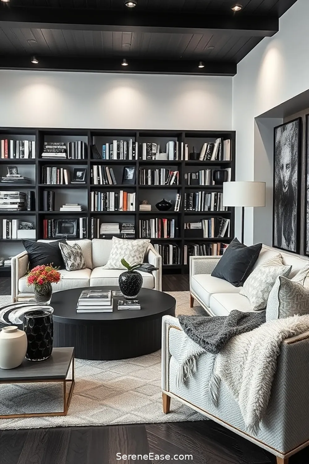 23 Ways to Create a Black and White Mid-Century Modern Style Library 17 Layer Textures With Throws and Pillows for 23 Ways to Create a Black and White Mid-Century Modern Style Library