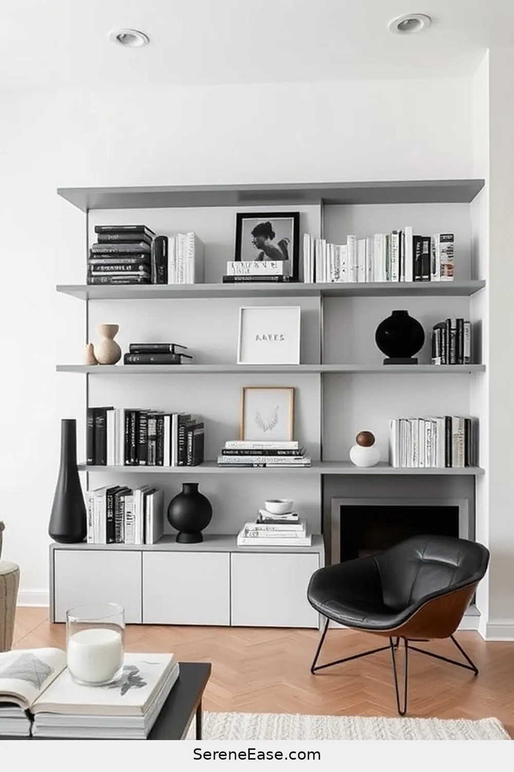 23 Ways to Create a Black and White Mid-Century Modern Style Library 19 Use Floating Shelves for Display for 23 Ways to Create a Black and White Mid-Century Modern Style Library