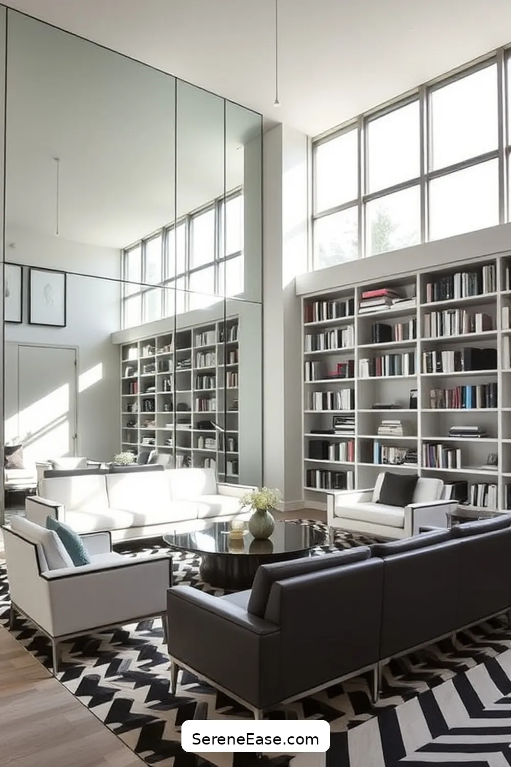 23 Ways to Create a Black and White Mid-Century Modern Style Library 22 Use Mirrors to Enhance Light for 23 Ways to Create a Black and White Mid-Century Modern Style Library