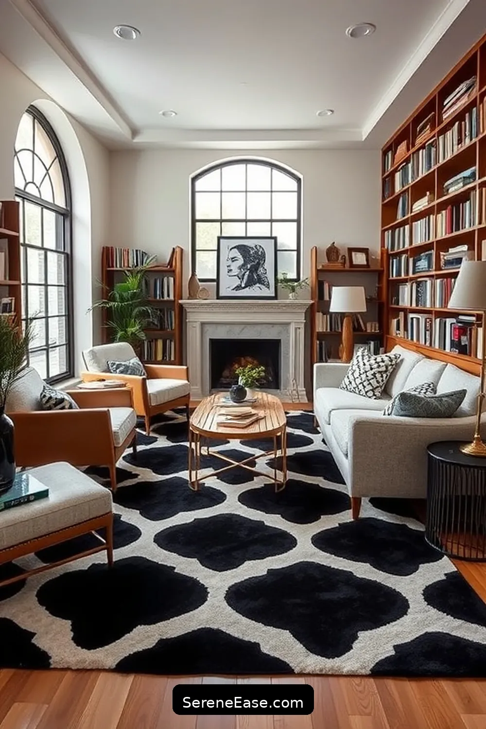 23 Ways to Create a Black and White Mid-Century Modern Style Library 8 Utilize Area Rugs for Comfort for 23 Ways to Create a Black and White Mid-Century Modern Style Library