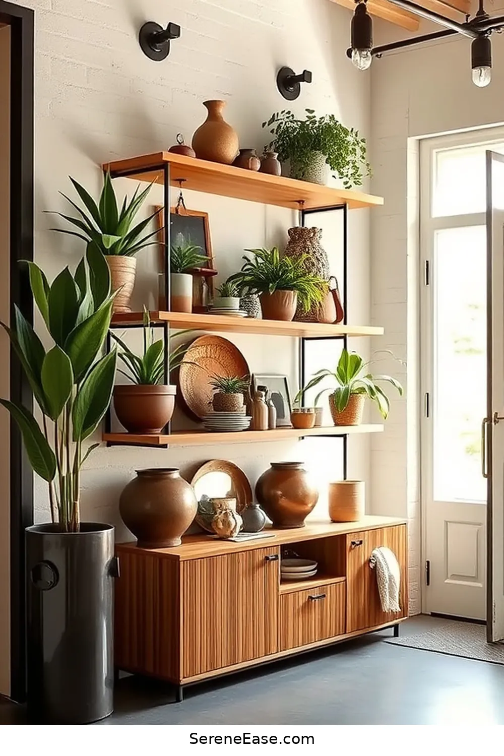 23 Ways to Create a Bold Bright Industrial Style Entryway 18 Install Open Shelving for Display for 23 Ways to Create a Bold Bright Industrial Style Entryway