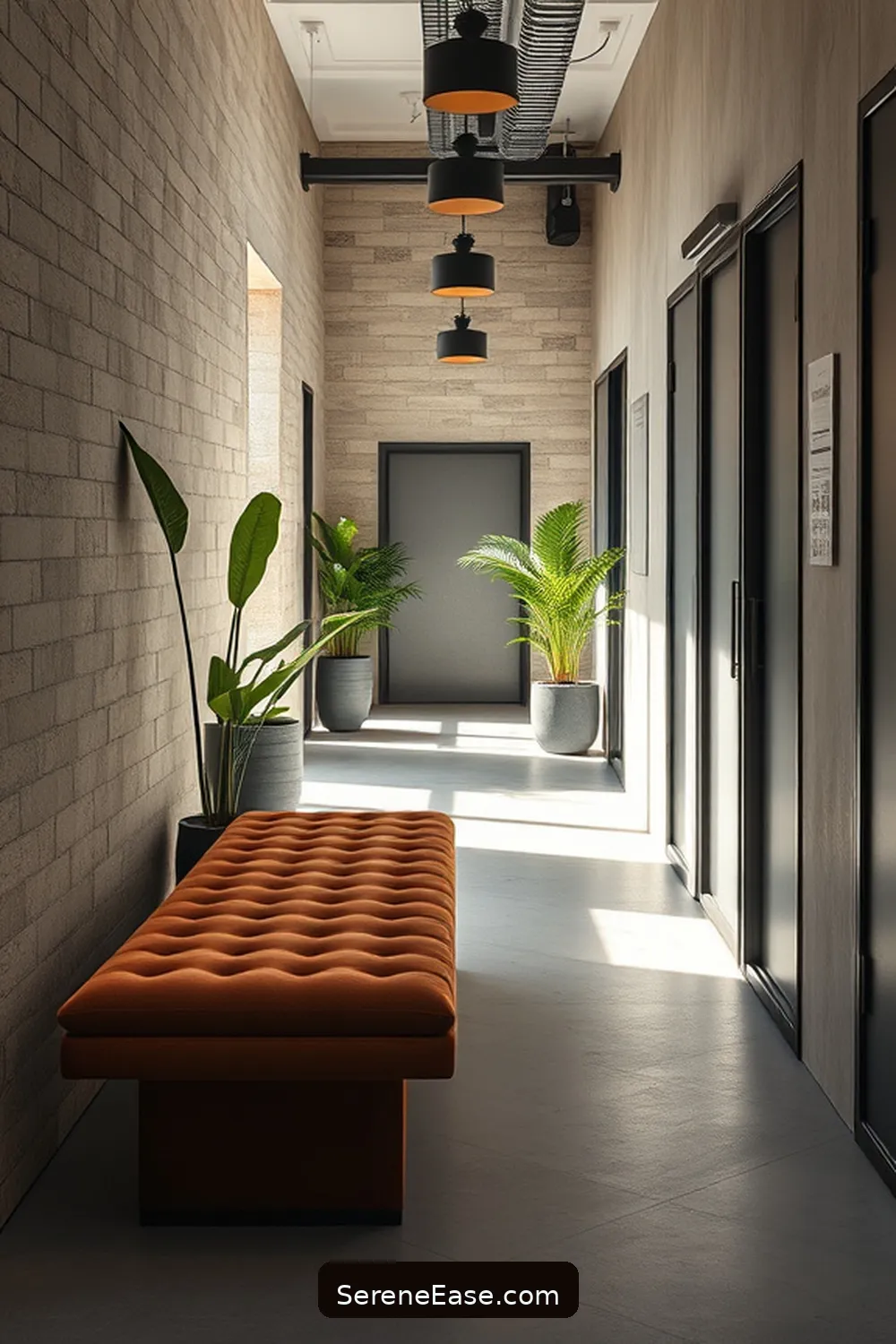 23 Ways to Incorporate Earth Tones in Industrial Style Hallways 14 Add a Statement Bench for 23 Ways to Incorporate Earth Tones in Industrial Style Hallways