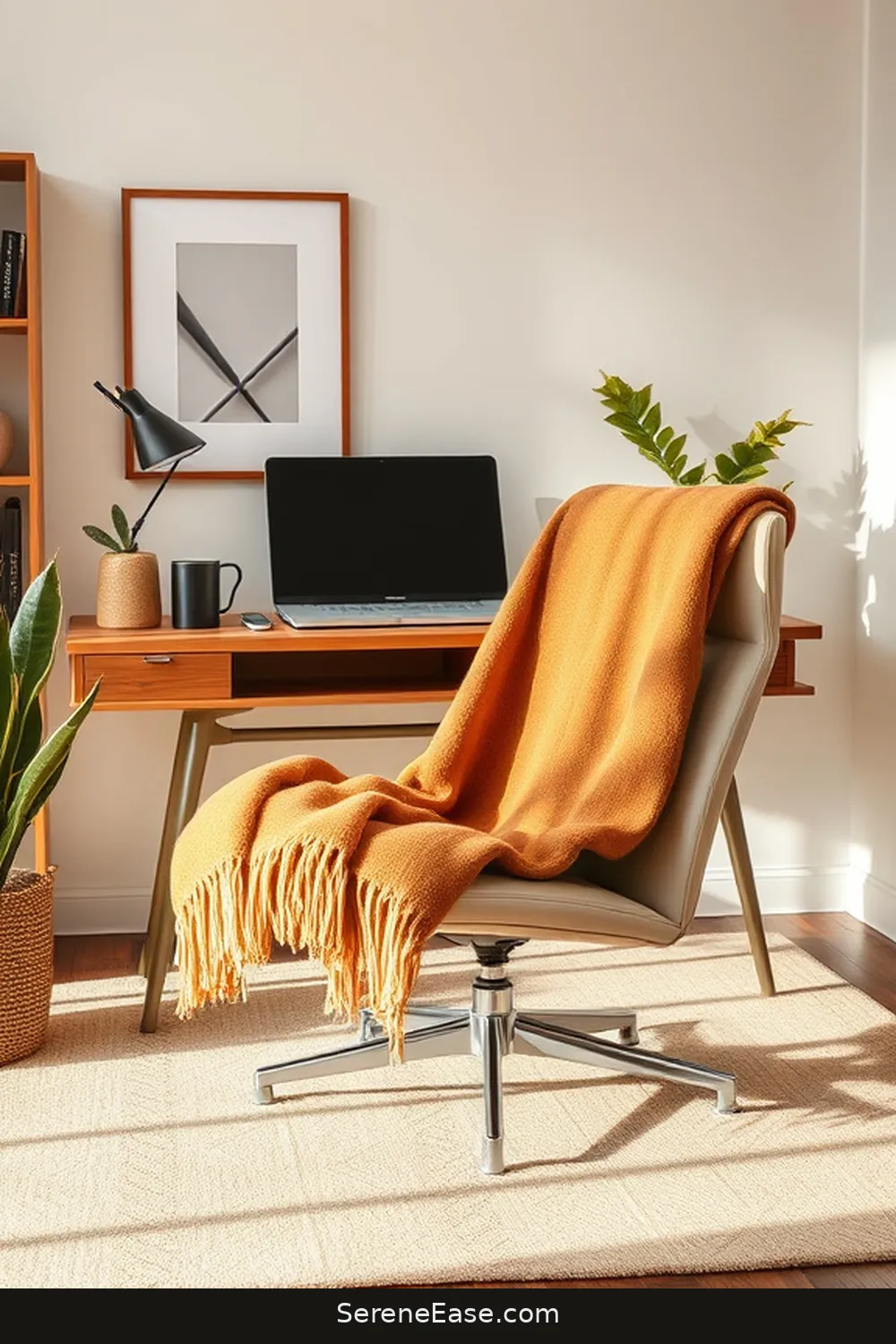 23 Ways to Incorporate Earth Tones in Your Mid-Century Modern Home Office Style 15 Add a Cozy Throw Blanket for 23 Ways to Incorporate Earth Tones in Your Mid-Century Modern Home Office Style