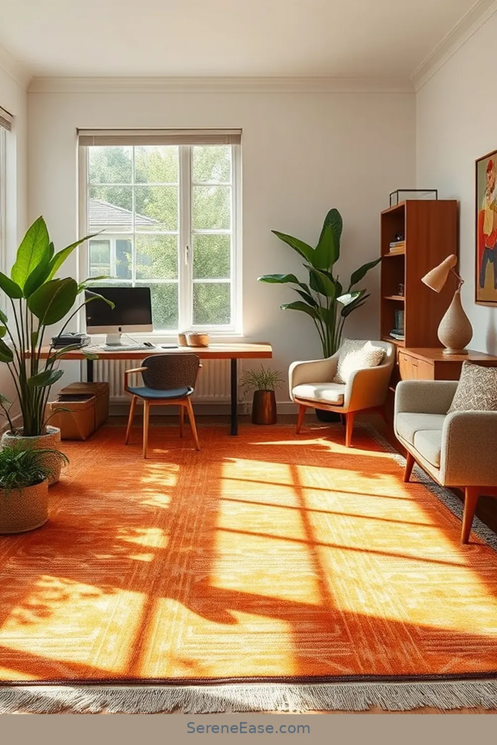 23 Ways to Incorporate Earth Tones in Your Mid-Century Modern Home Office Style 8 Choose a Statement Rug in Earth Tones for 23 Ways to Incorporate Earth Tones in Your Mid-Century Modern Home Office Style