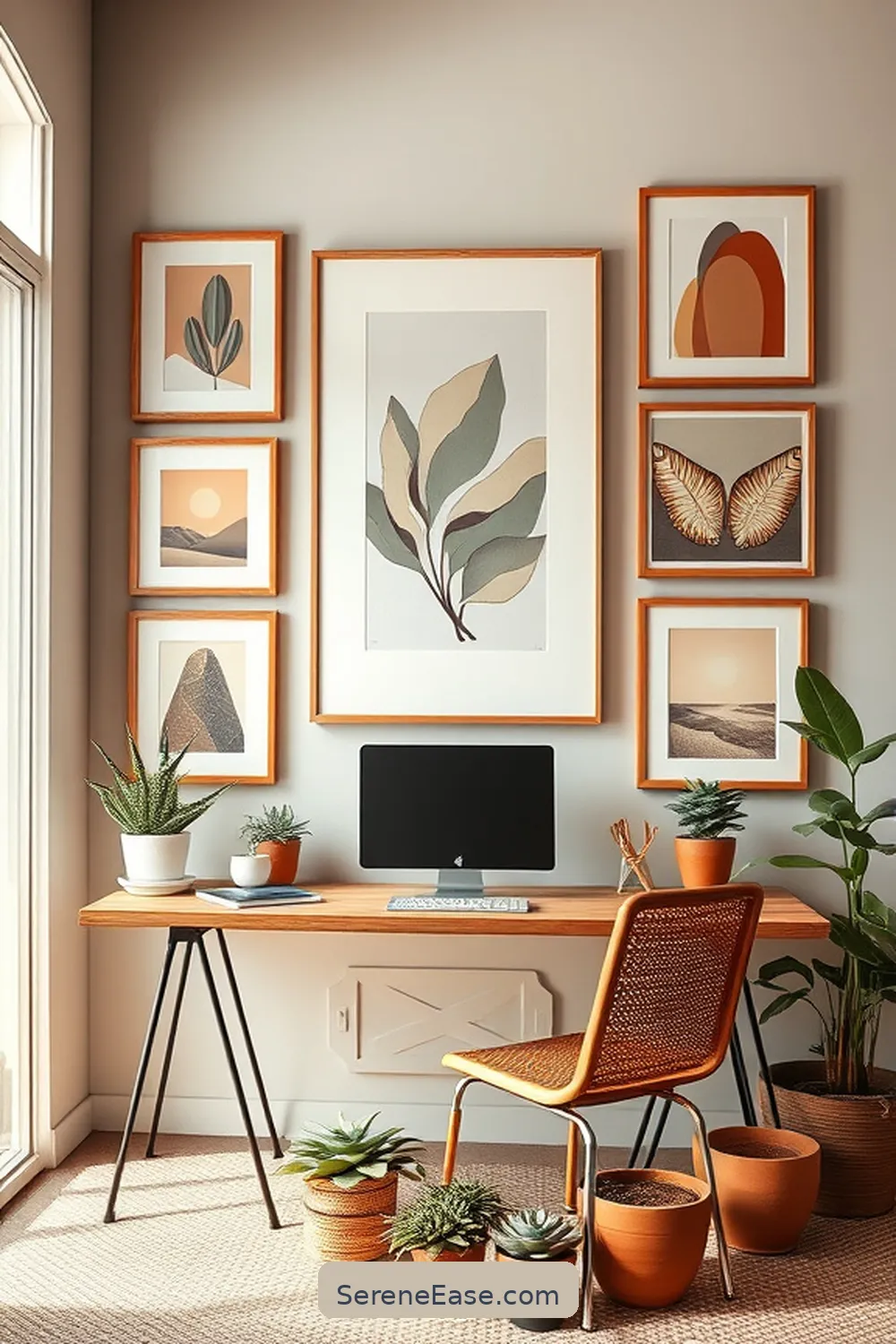 23 Ways to Incorporate Earth Tones in Your Mid-Century Modern Home Office Style 20 Create a Gallery Wall With Earthy Hues for 23 Ways to Incorporate Earth Tones in Your Mid-Century Modern Home Office Style