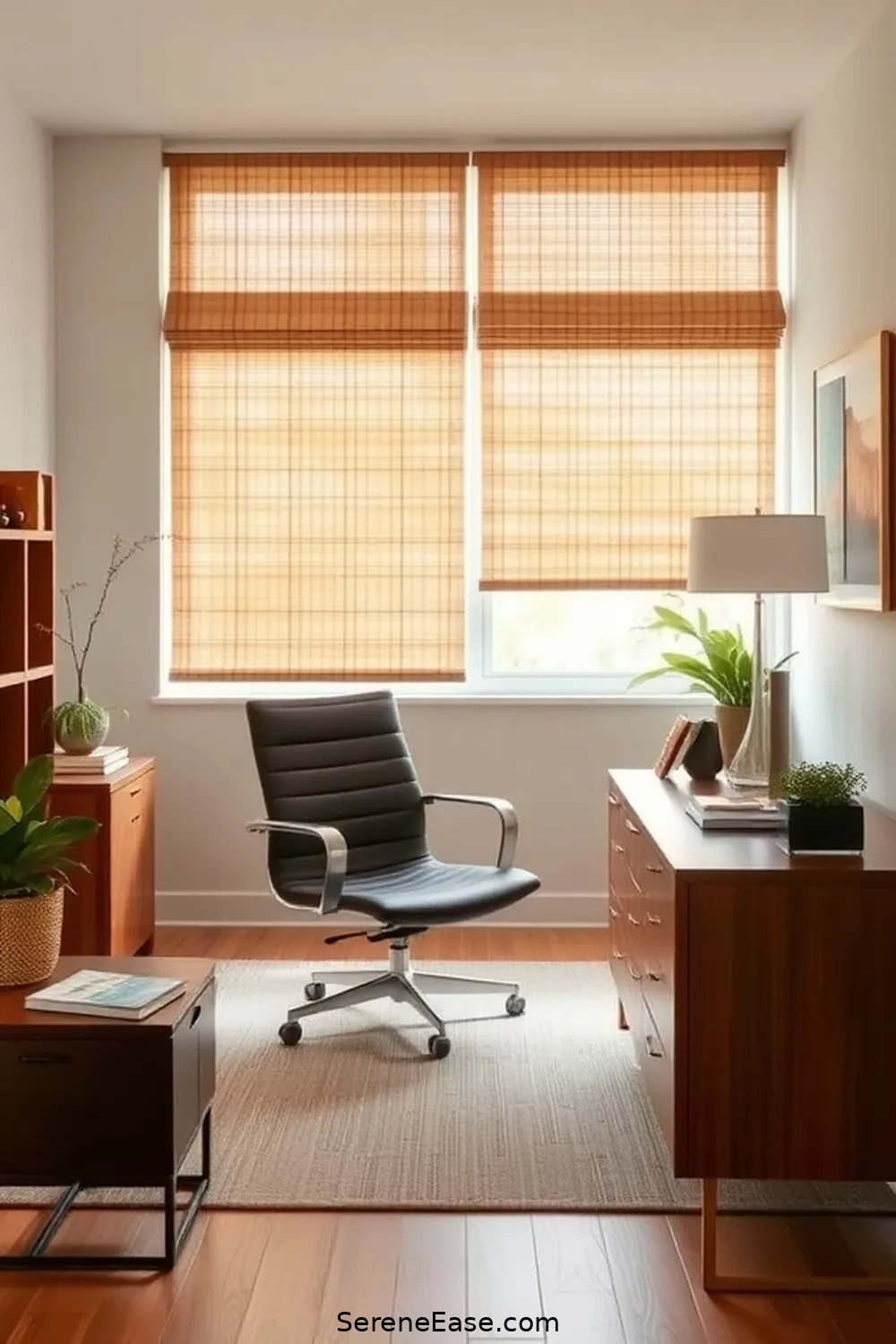23 Ways to Incorporate Earth Tones in Your Mid-Century Modern Home Office Style 23 Incorporate Natural Fiber Window Treatments for 23 Ways to Incorporate Earth Tones in Your Mid-Century Modern Home Office Style