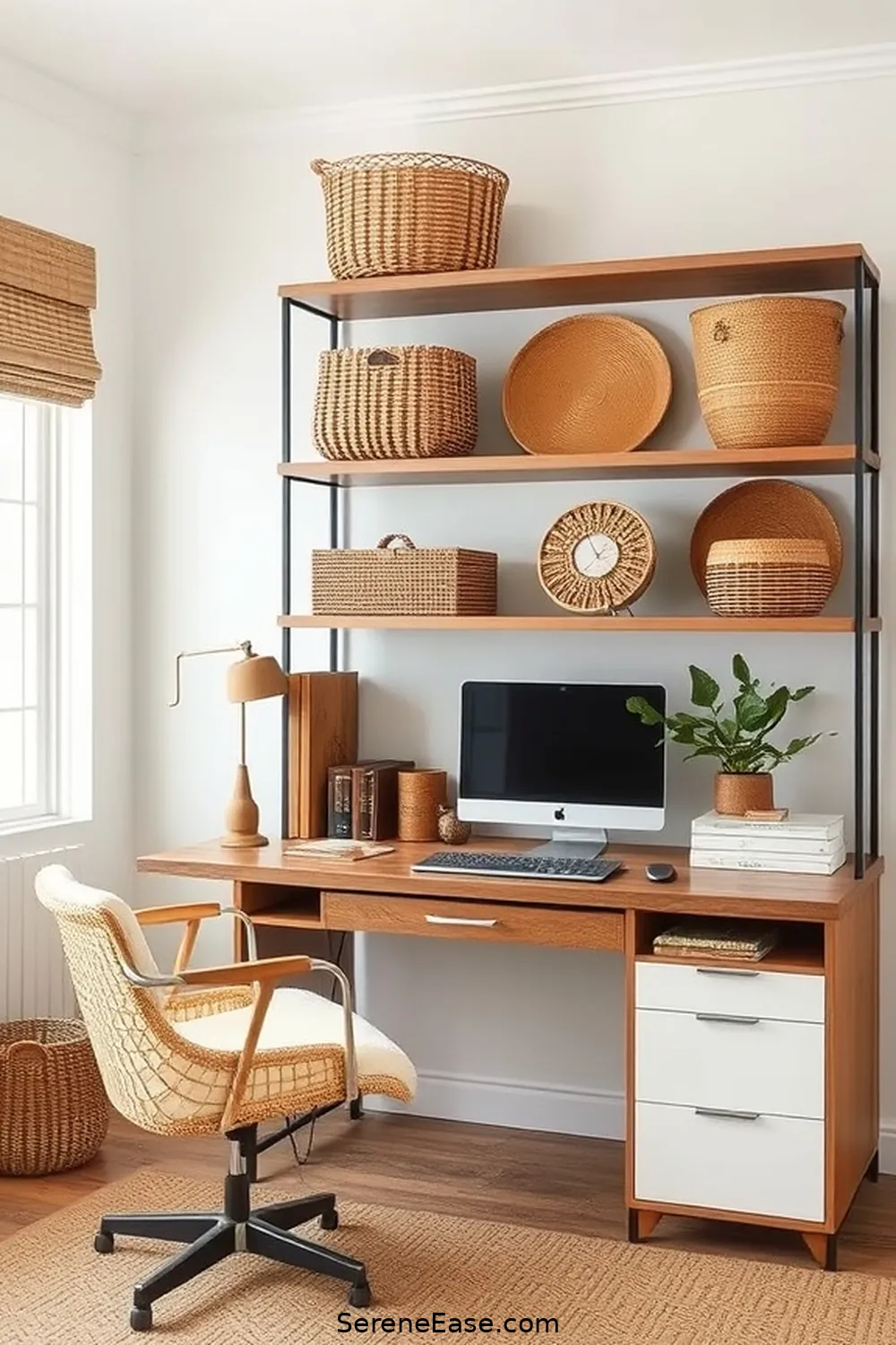 23 Ways to Incorporate Earth Tones in Your Mid-Century Modern Home Office Style 14 Incorporate Woven Baskets for Storage for 23 Ways to Incorporate Earth Tones in Your Mid-Century Modern Home Office Style