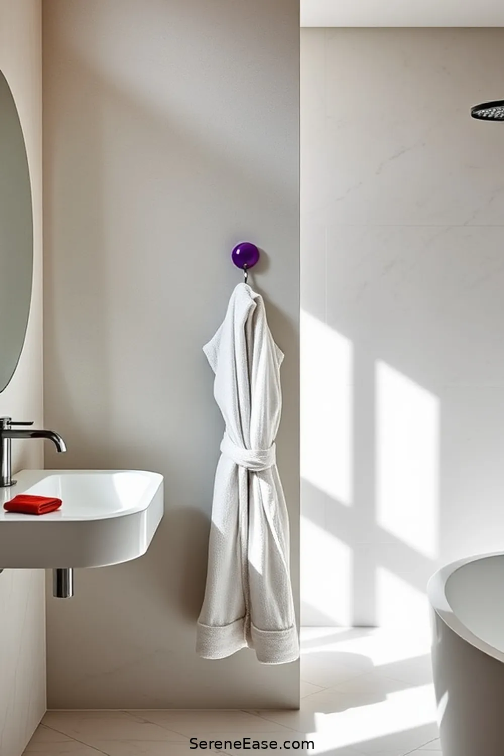 23 Ways to Incorporate Jewel Tones Into Minimalist Bathroom Style 21 Add a Colored Bathrobe Hook for 23 Ways to Incorporate Jewel Tones Into Minimalist Bathroom Style