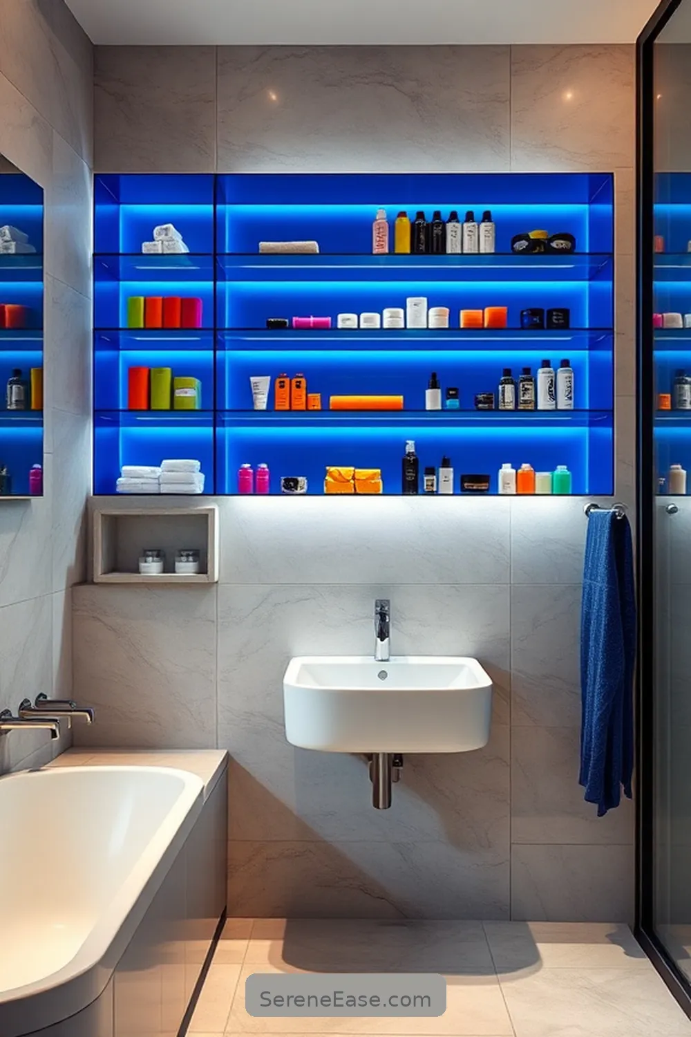 23 Ways to Incorporate Jewel Tones Into Minimalist Bathroom Style 19 Incorporate Colorful Shelving for 23 Ways to Incorporate Jewel Tones Into Minimalist Bathroom Style