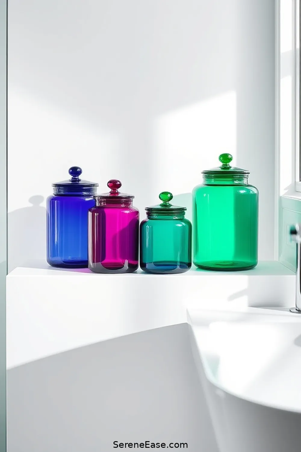 23 Ways to Incorporate Jewel Tones Into Minimalist Bathroom Style 9 Use Colored Glass Storage Jars for 23 Ways to Incorporate Jewel Tones Into Minimalist Bathroom Style