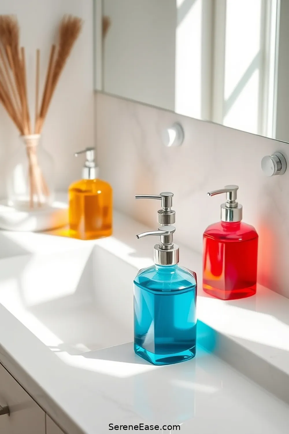 23 Ways to Incorporate Jewel Tones Into Minimalist Bathroom Style 17 Use Colorful Soap Dispensers for 23 Ways to Incorporate Jewel Tones Into Minimalist Bathroom Style