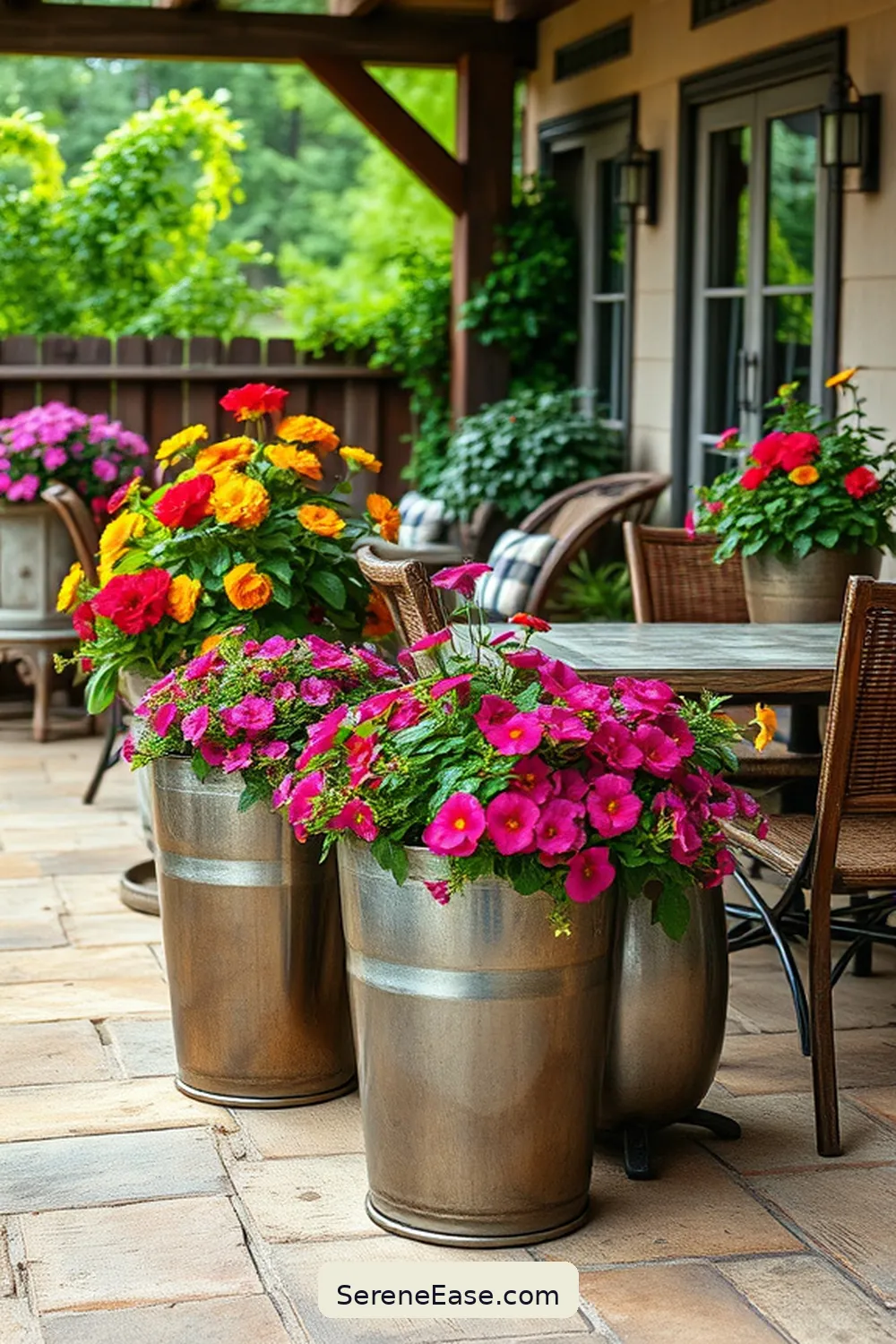 23 Ways to Incorporate Metallic Accents Into Your Rustic Outdoor Patio Style 3 Use Metallic Planters for 23 Ways to Incorporate Metallic Accents Into Your Rustic Outdoor Patio Style
