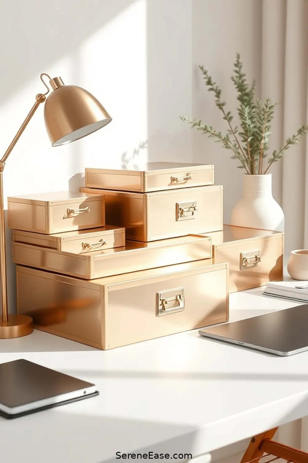 23 Ways to Incorporate Metallic Accents in a Scandinavian-Style Home Office 9 Metallic Storage Boxes for 23 Ways to Incorporate Metallic Accents in a Scandinavian-Style Home Office