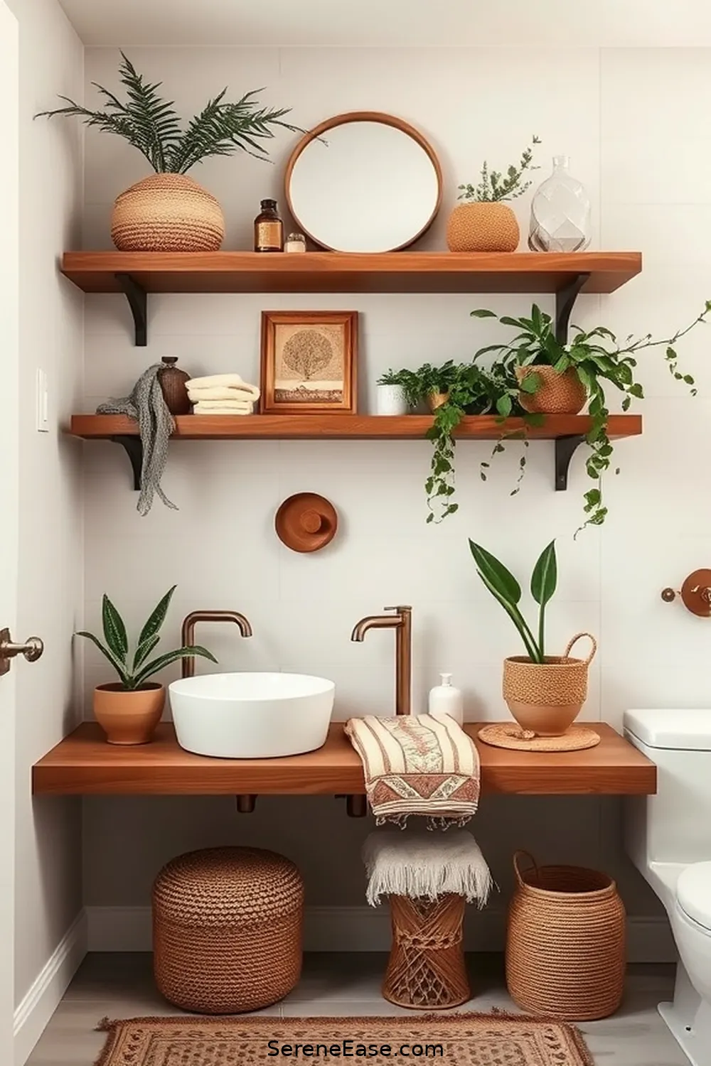 23 Ways to Incorporate Neutral Tones in Bohemian Bathroom Style 20 Use Floating Shelves for 23 Ways to Incorporate Neutral Tones in Bohemian Bathroom Style