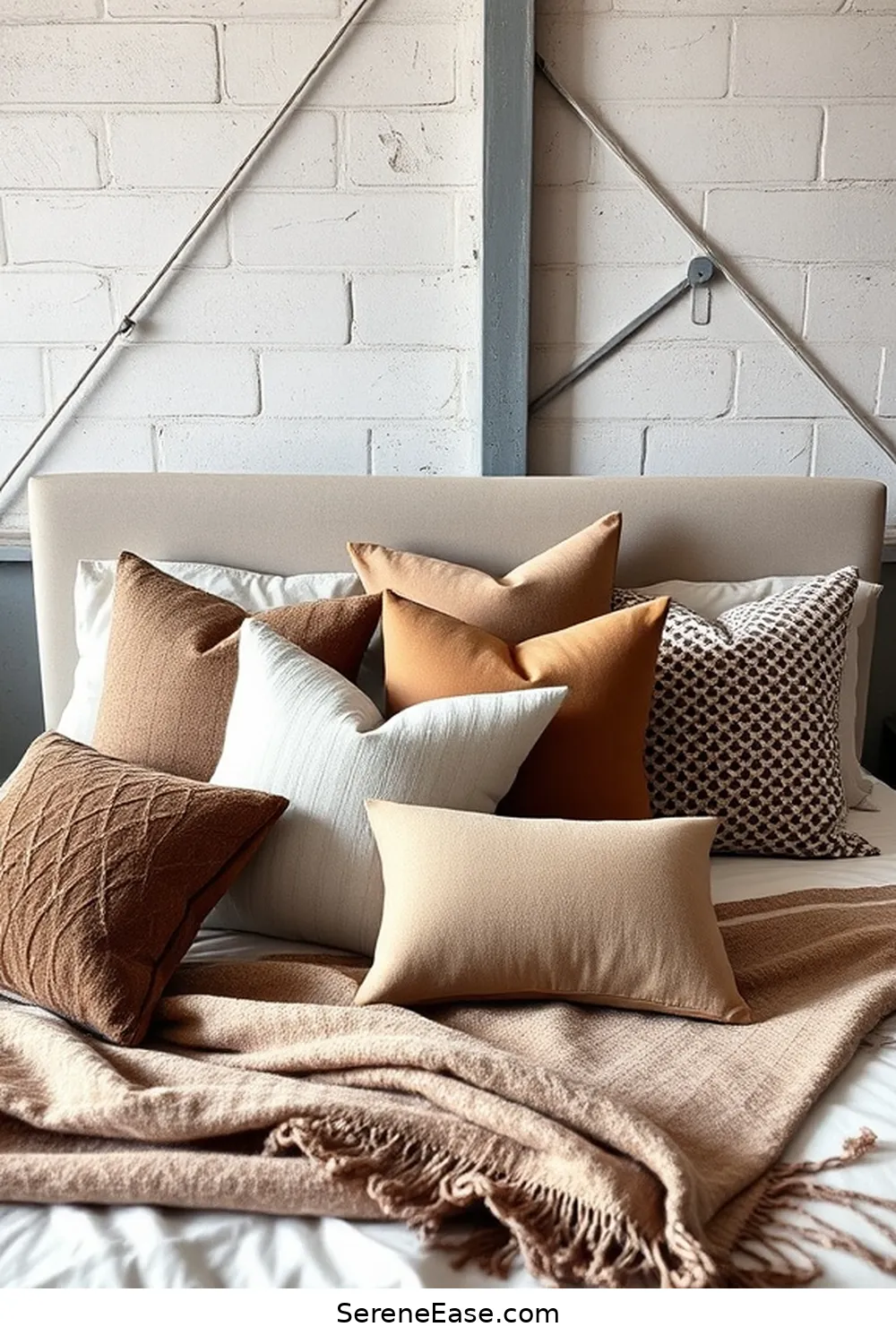 23 Ways to Incorporate Neutral Tones in Industrial Style Bedrooms 14 Use Decorative Pillows for 23 Ways to Incorporate Neutral Tones in Industrial Style Bedrooms