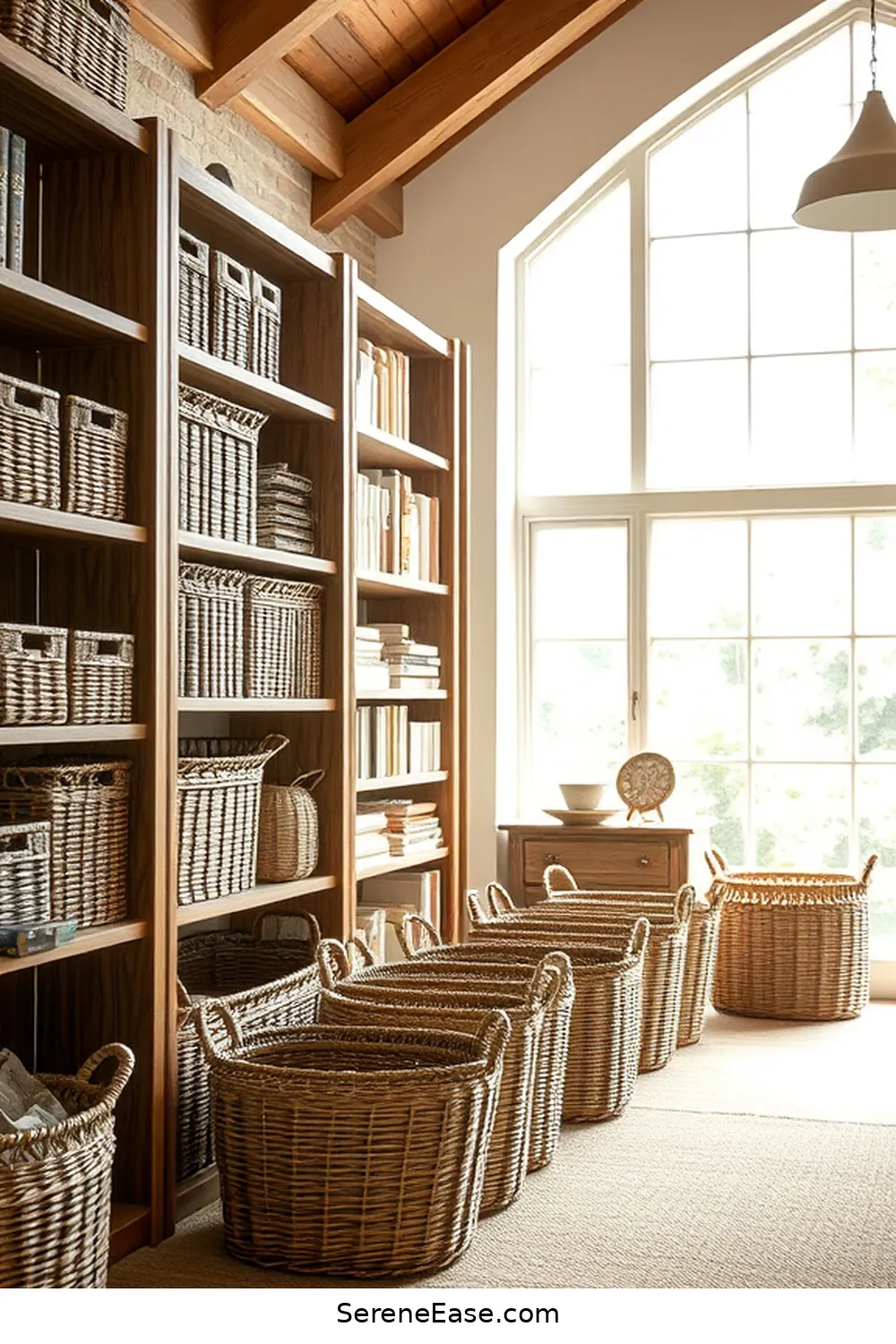 23 Ways to Incorporate Neutral Tones in Rustic-Style Libraries 14 Include Woven Baskets for Storage for 23 Ways to Incorporate Neutral Tones in Rustic-Style Libraries