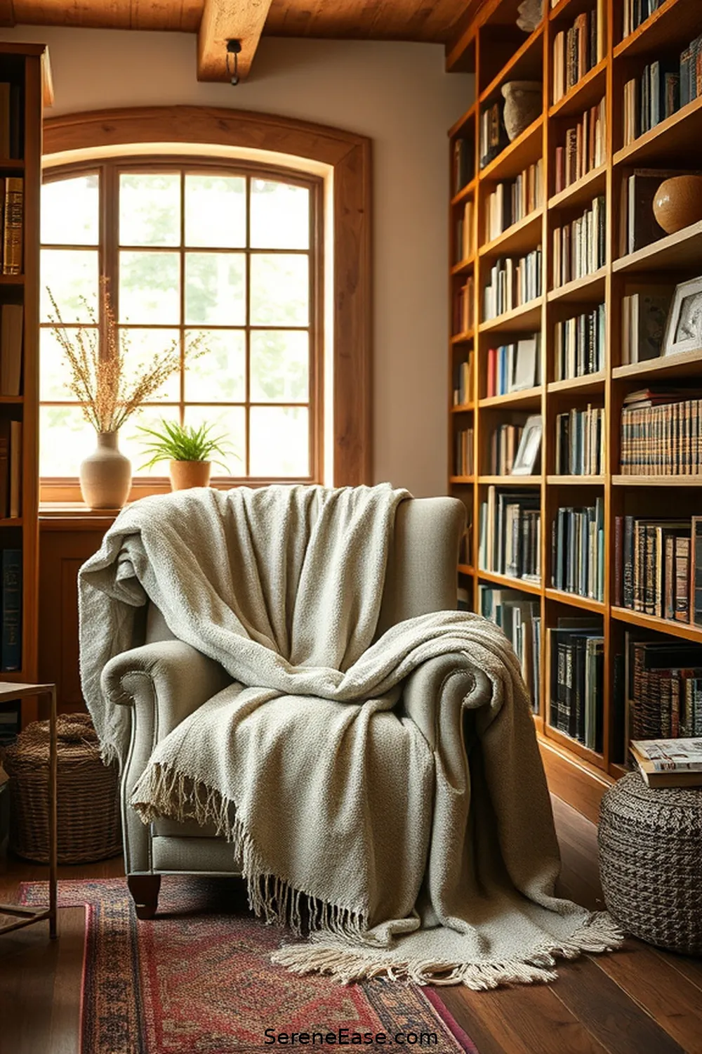 23 Ways to Incorporate Neutral Tones in Rustic-Style Libraries 19 Use Natural Fiber Throws for 23 Ways to Incorporate Neutral Tones in Rustic-Style Libraries