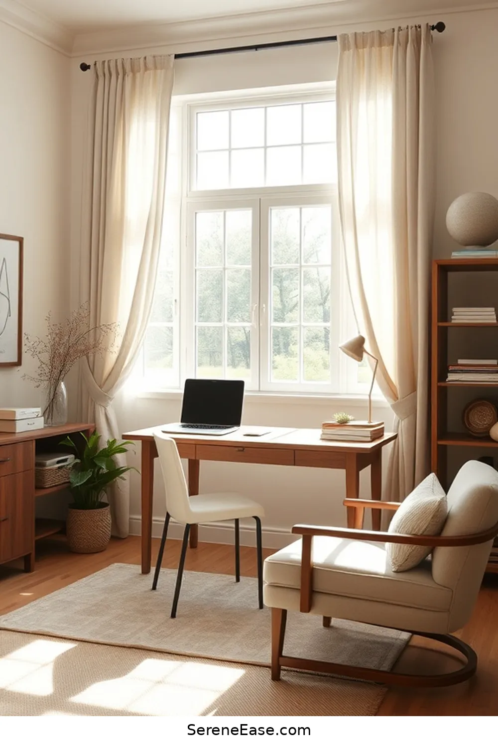 23 Ways to Incorporate Neutral Tones in Your Modern Farmhouse Style Home Office 19 Use Soft Window Treatments for 23 Ways to Incorporate Neutral Tones in Your Modern Farmhouse Style Home Office