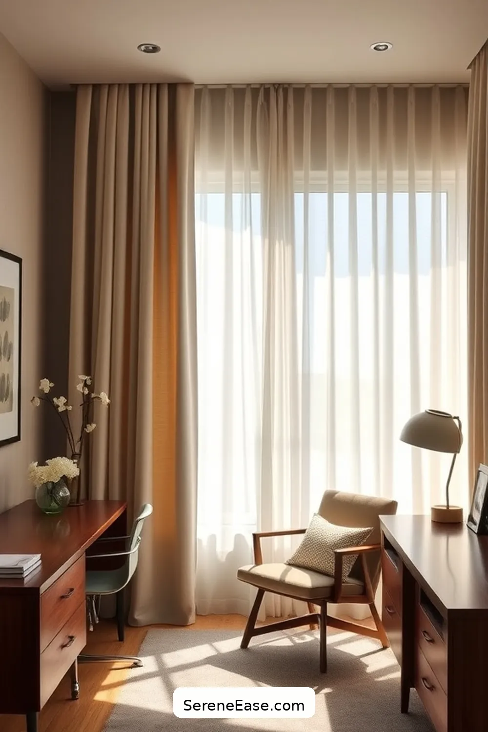 23 Ways to Incorporate Neutral Tones in a Mid-Century Modern Home Office Style 10 Choose Soft Window Treatments for 23 Ways to Incorporate Neutral Tones in a Mid-Century Modern Home Office Style