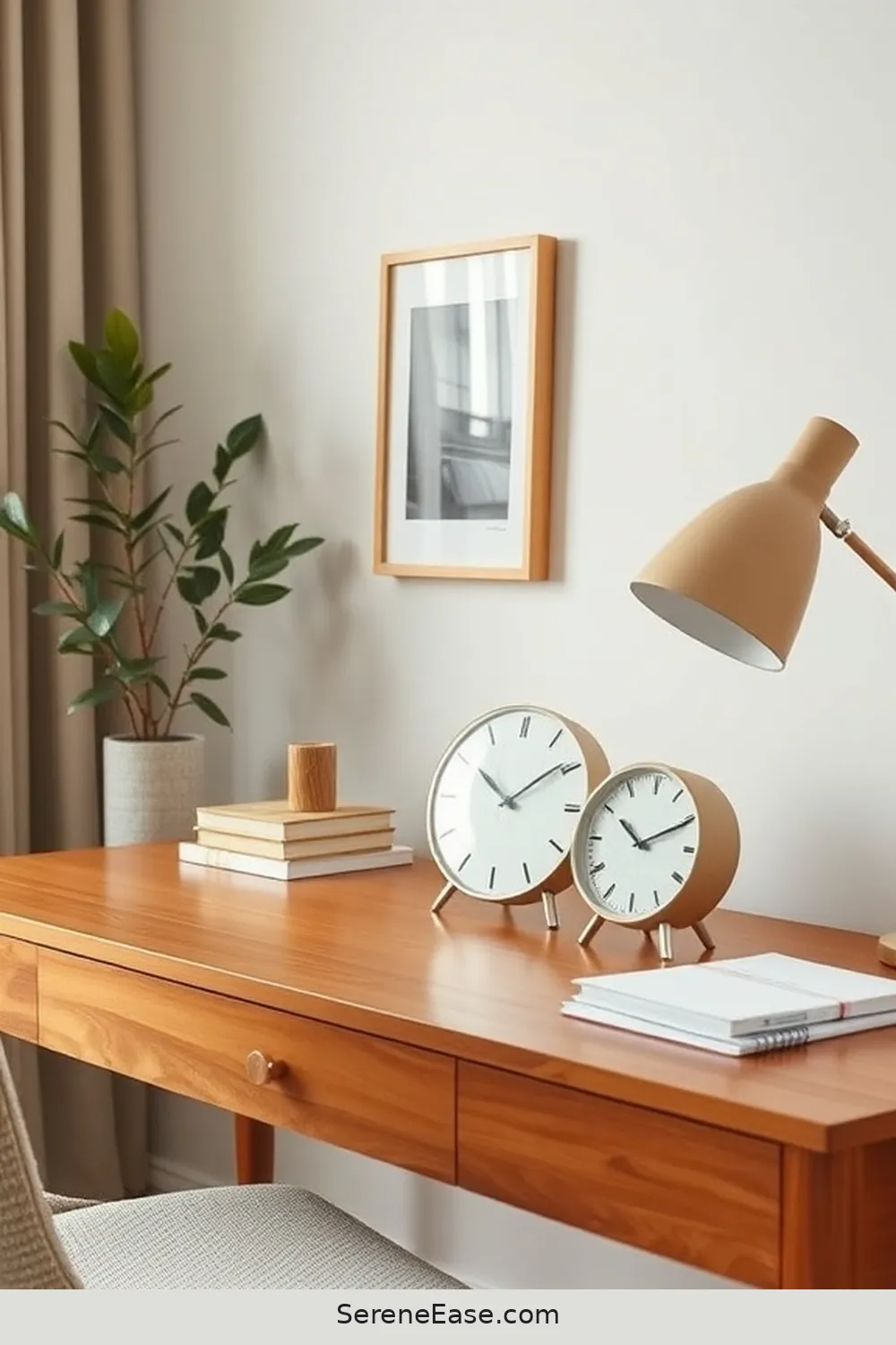 23 Ways to Incorporate Neutral Tones in a Mid-Century Modern Home Office Style 23 Choose a Simple, Functional Clock for 23 Ways to Incorporate Neutral Tones in a Mid-Century Modern Home Office Style
