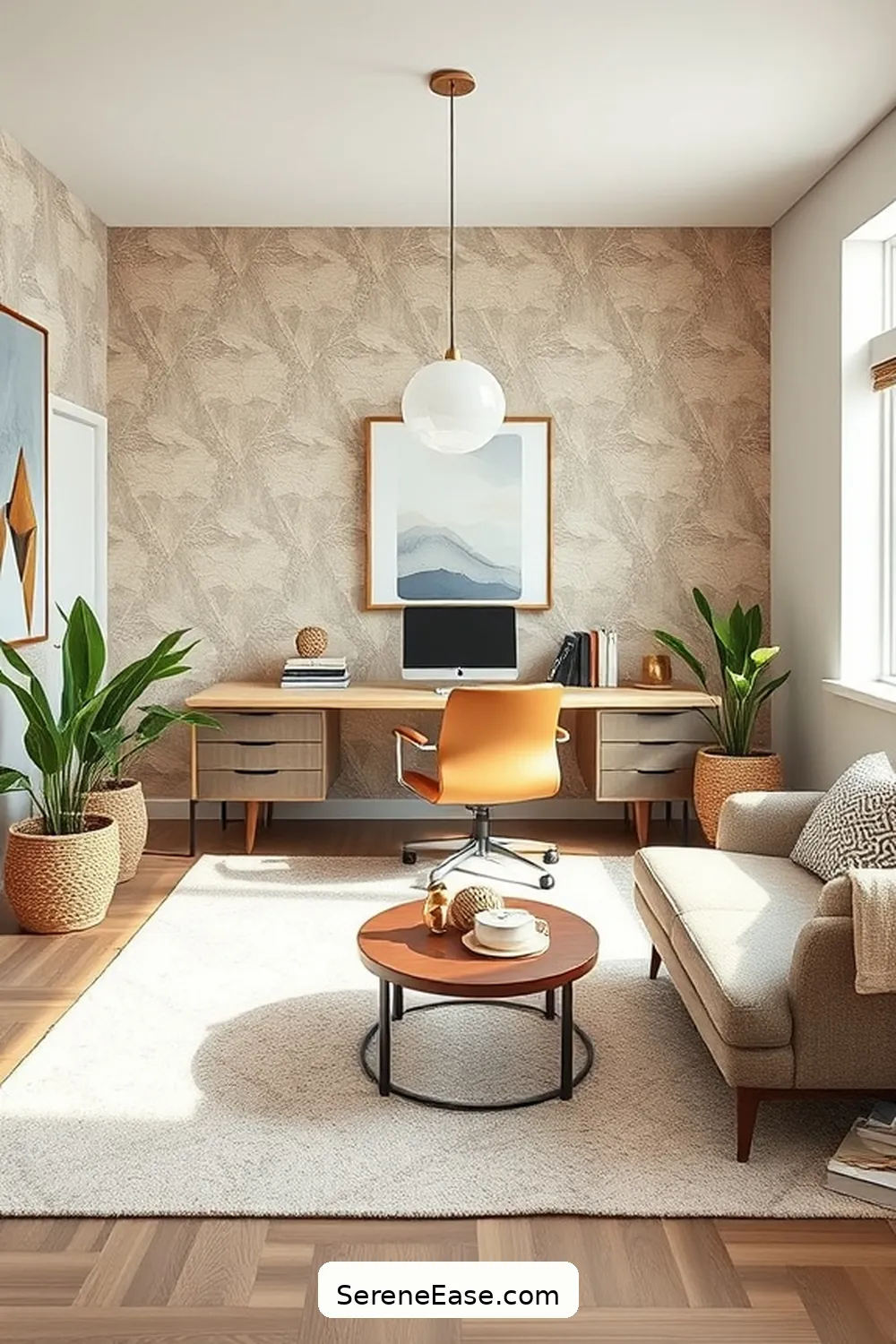 23 Ways to Incorporate Neutral Tones in a Mid-Century Modern Home Office Style 21 Use Geometric Patterns in Neutral Tones for 23 Ways to Incorporate Neutral Tones in a Mid-Century Modern Home Office Style