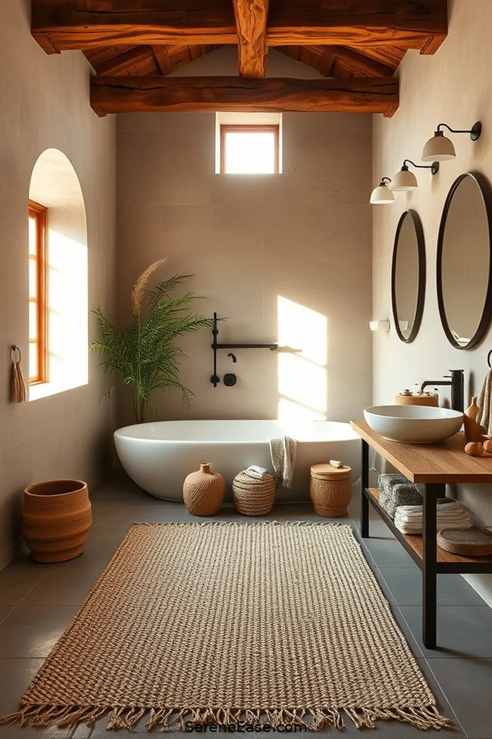 23 Ways to Use Earth Tones in Rustic Bathroom Style Design 14 Add a Natural Fiber Rug for 23 Ways to Use Earth Tones in Rustic Bathroom Style Design
