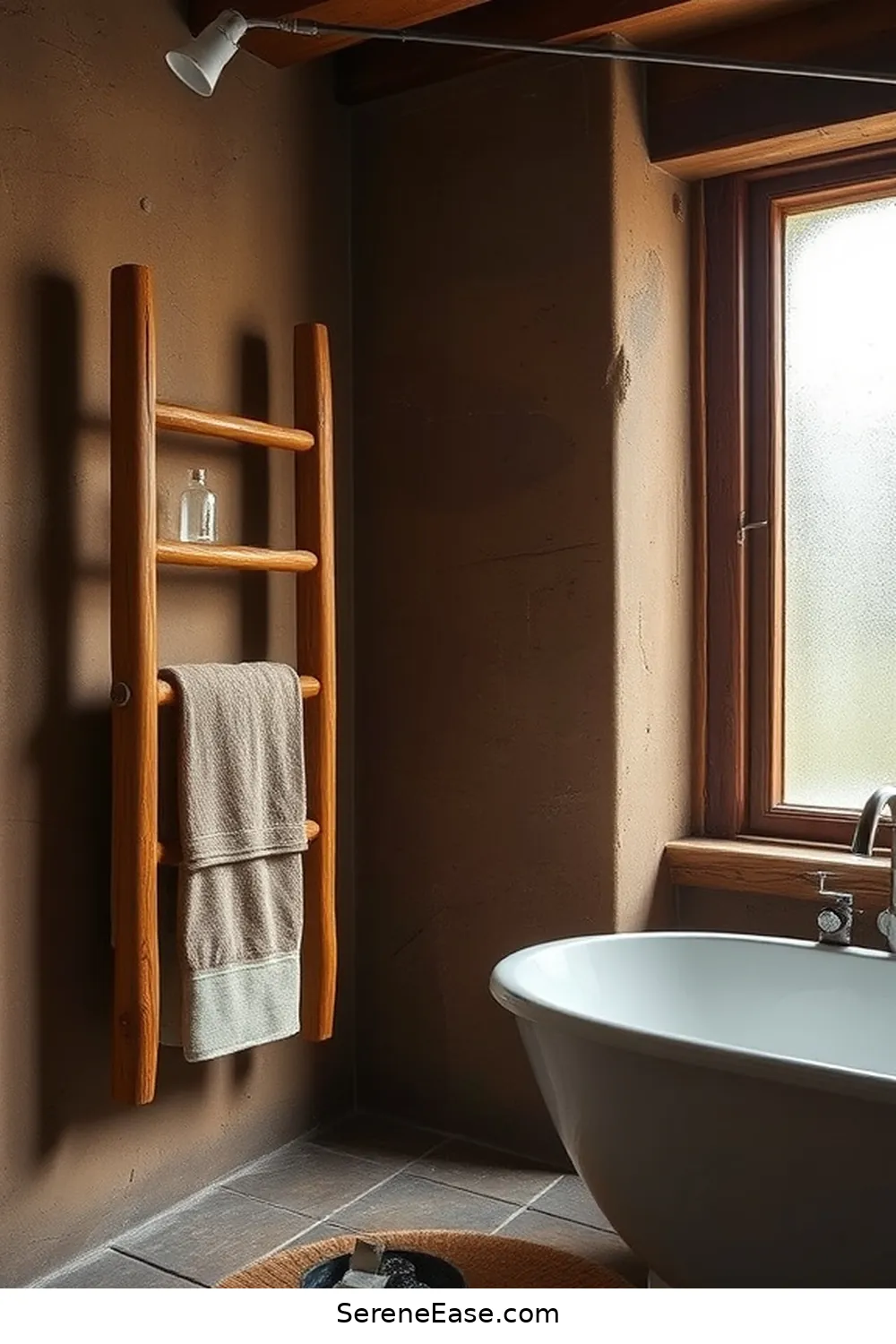 23 Ways to Use Earth Tones in Rustic Bathroom Style Design 21 Add a Wooden Towel Rack for 23 Ways to Use Earth Tones in Rustic Bathroom Style Design