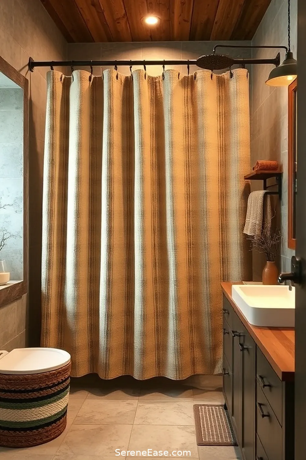23 Ways to Use Earth Tones in Rustic Bathroom Style Design 13 Choose an Earthy Shower Curtain for 23 Ways to Use Earth Tones in Rustic Bathroom Style Design