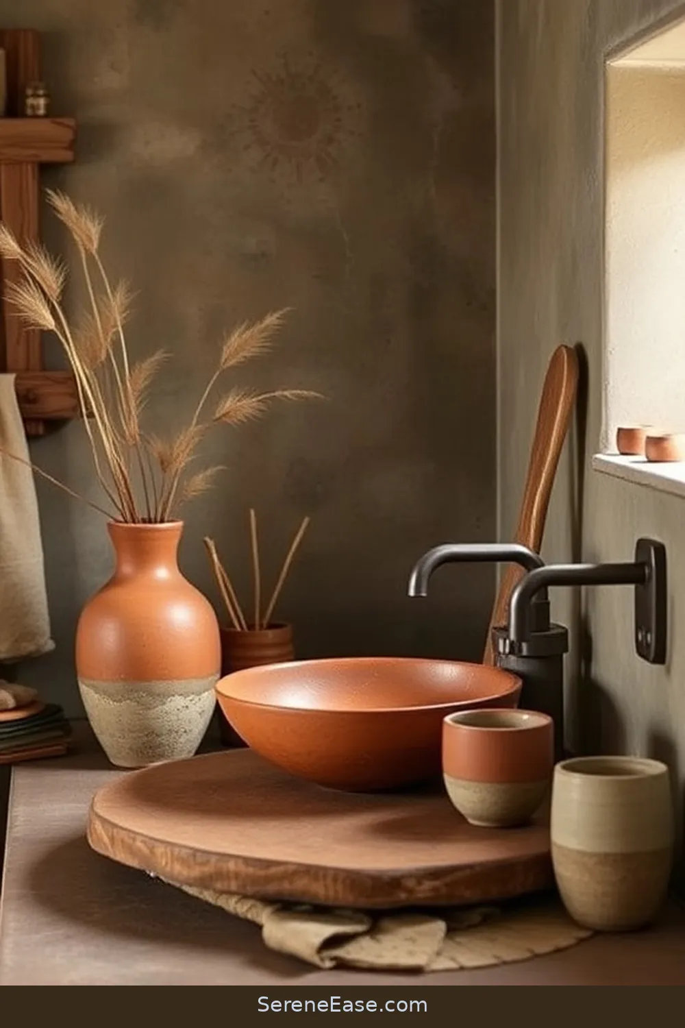 23 Ways to Use Earth Tones in Rustic Bathroom Style Design 11 Use Handmade Pottery for 23 Ways to Use Earth Tones in Rustic Bathroom Style Design
