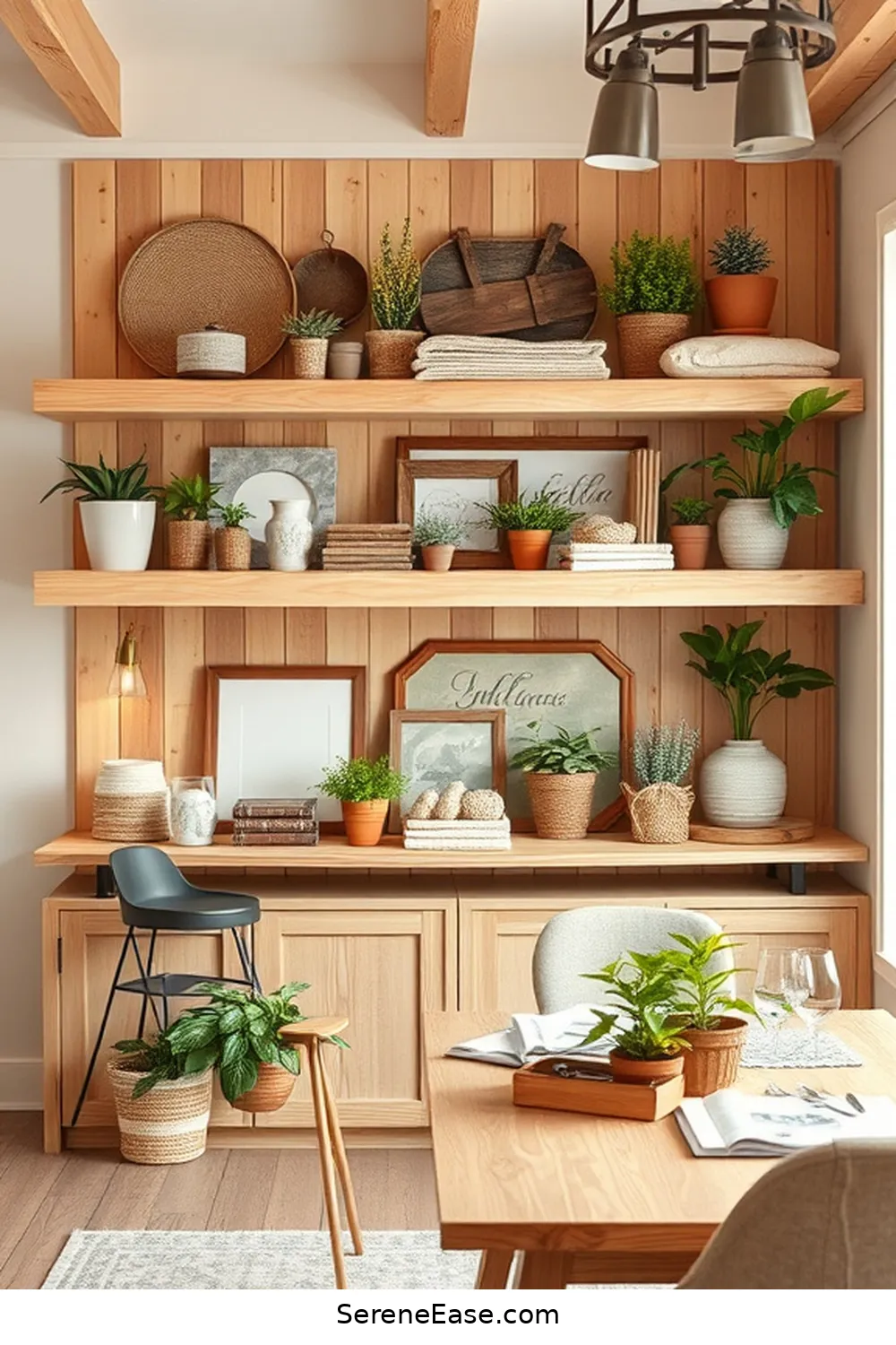 23 Ways to Use Neutral Tones in a Rustic Dining Room Style 19 Use Light-Colored Wood Shelving for 23 Ways to Use Neutral Tones in a Rustic Dining Room Style