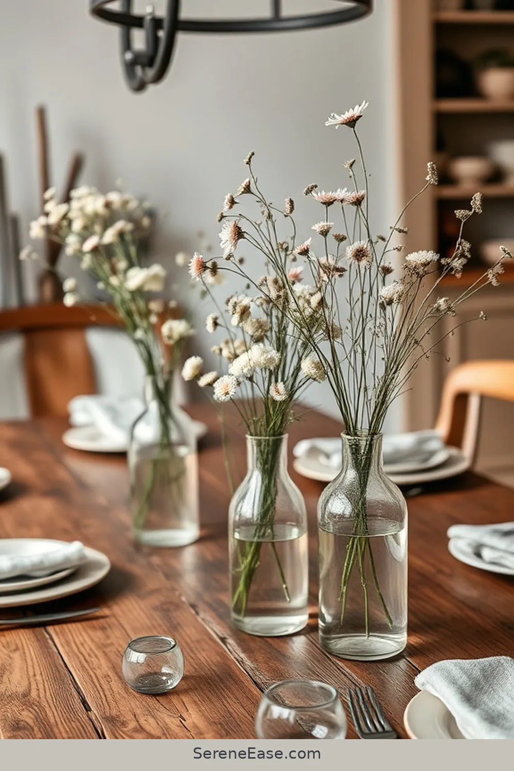 23 Ways to Use Neutral Tones in a Rustic Dining Room Style 23 Use Simple Glass Vases for Flowers for 23 Ways to Use Neutral Tones in a Rustic Dining Room Style