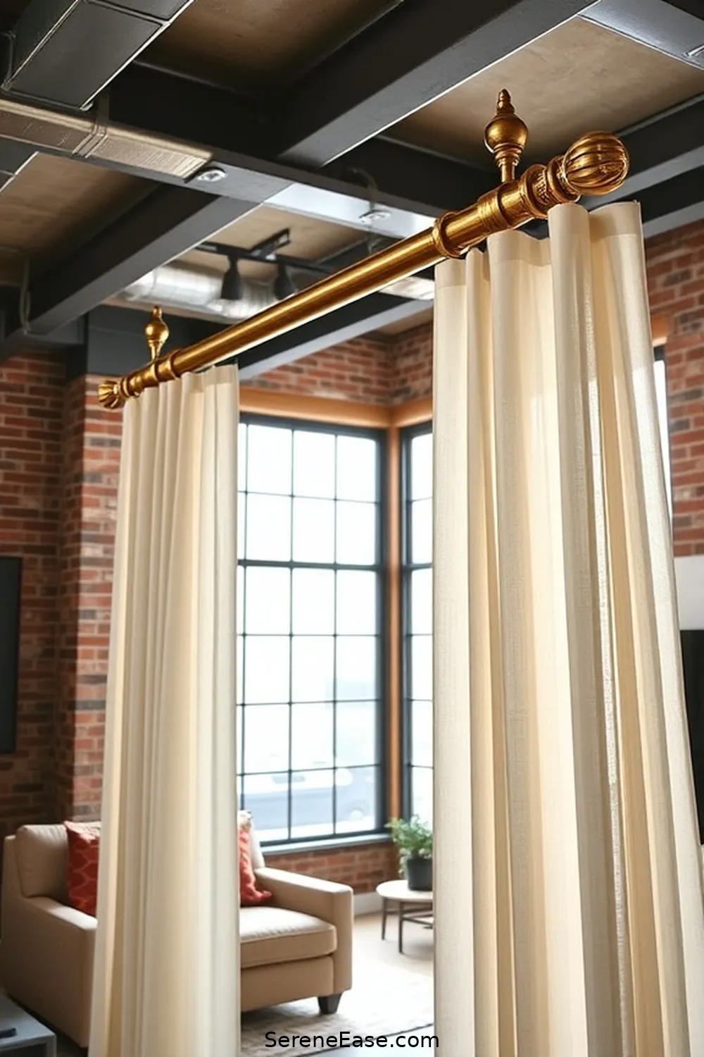 24 Stunning Metallic Accents for Your Industrial Style Living Room 11 Brass Curtain Rods for 24 Stunning Metallic Accents for Your Industrial Style Living Room