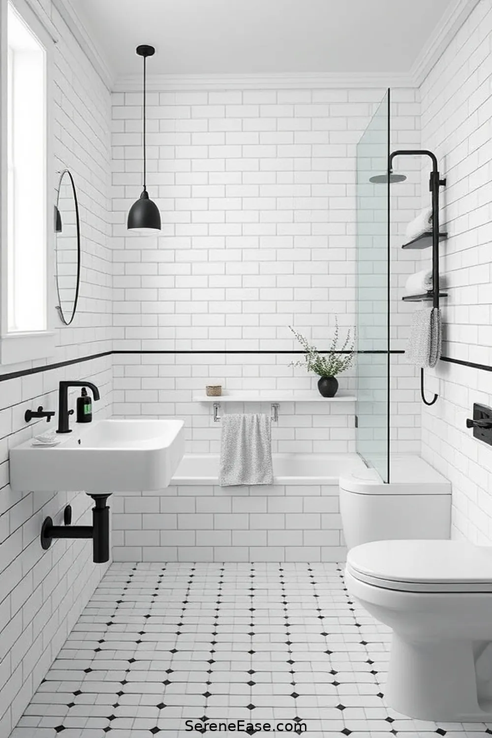 24 Stunning Scandinavian Bathroom Ideas in Black and White Style 5 Bright White Tiles With Dark Grout for 24 Stunning Scandinavian Bathroom Ideas in Black and White Style