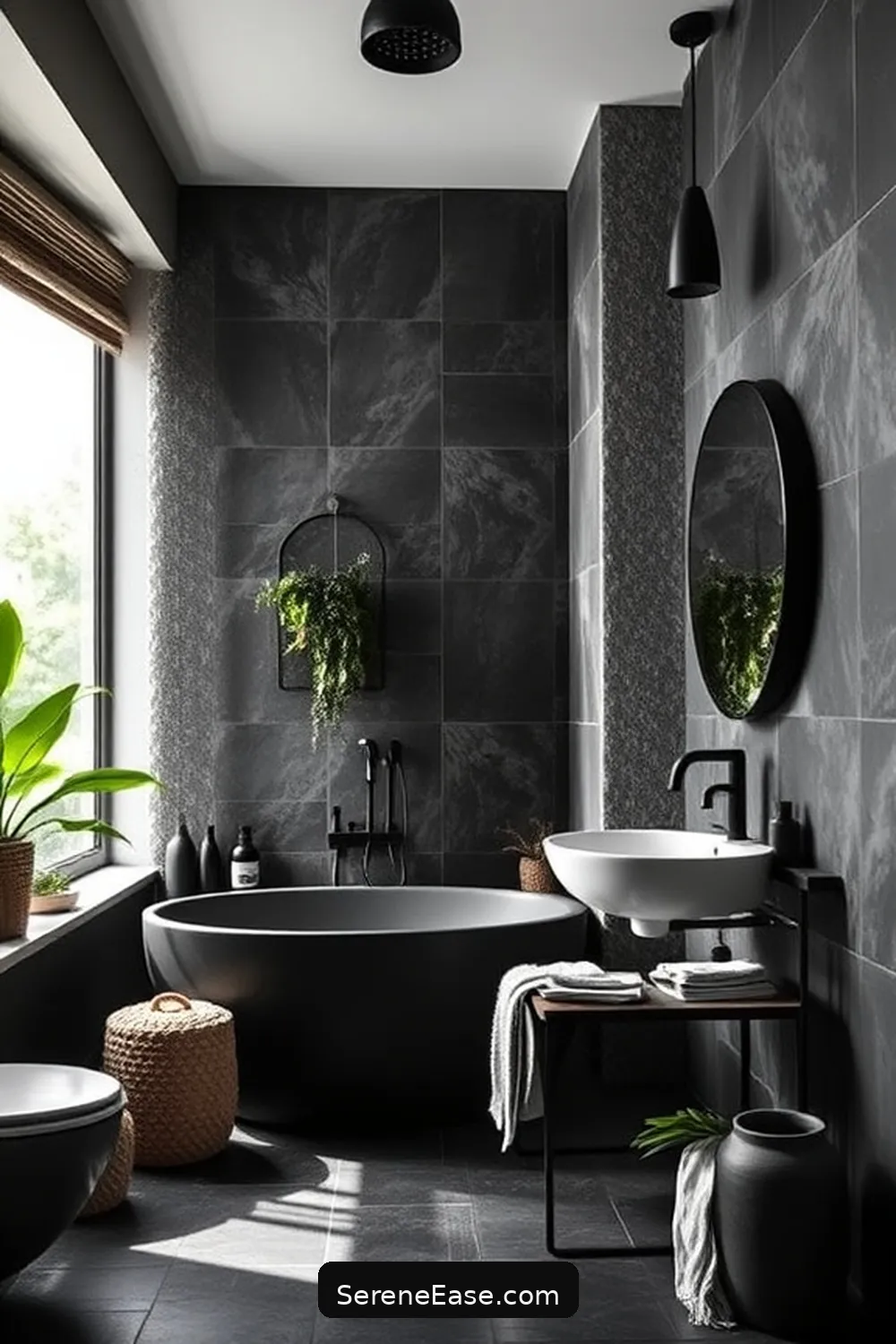 24 Stunning Scandinavian Bathroom Ideas in Black and White Style 23 Nature-Inspired Accents for 24 Stunning Scandinavian Bathroom Ideas in Black and White Style
