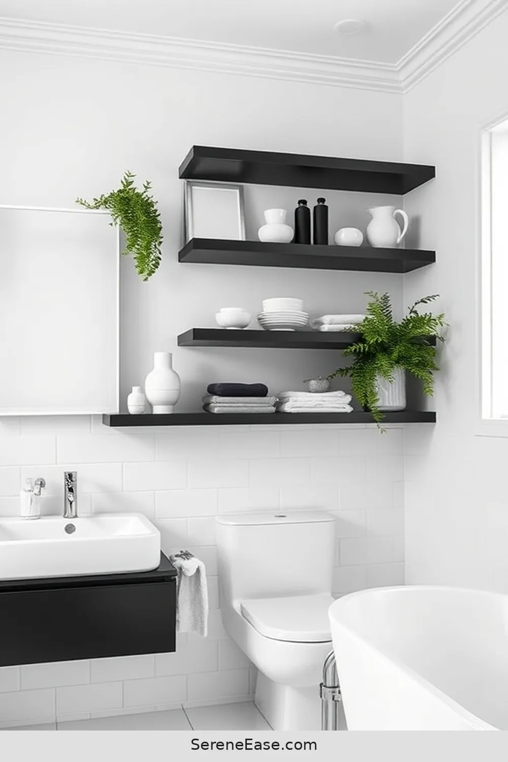 24 Stunning Scandinavian Bathroom Ideas in Black and White Style 17 Open Shelving With Monochrome Decor for 24 Stunning Scandinavian Bathroom Ideas in Black and White Style