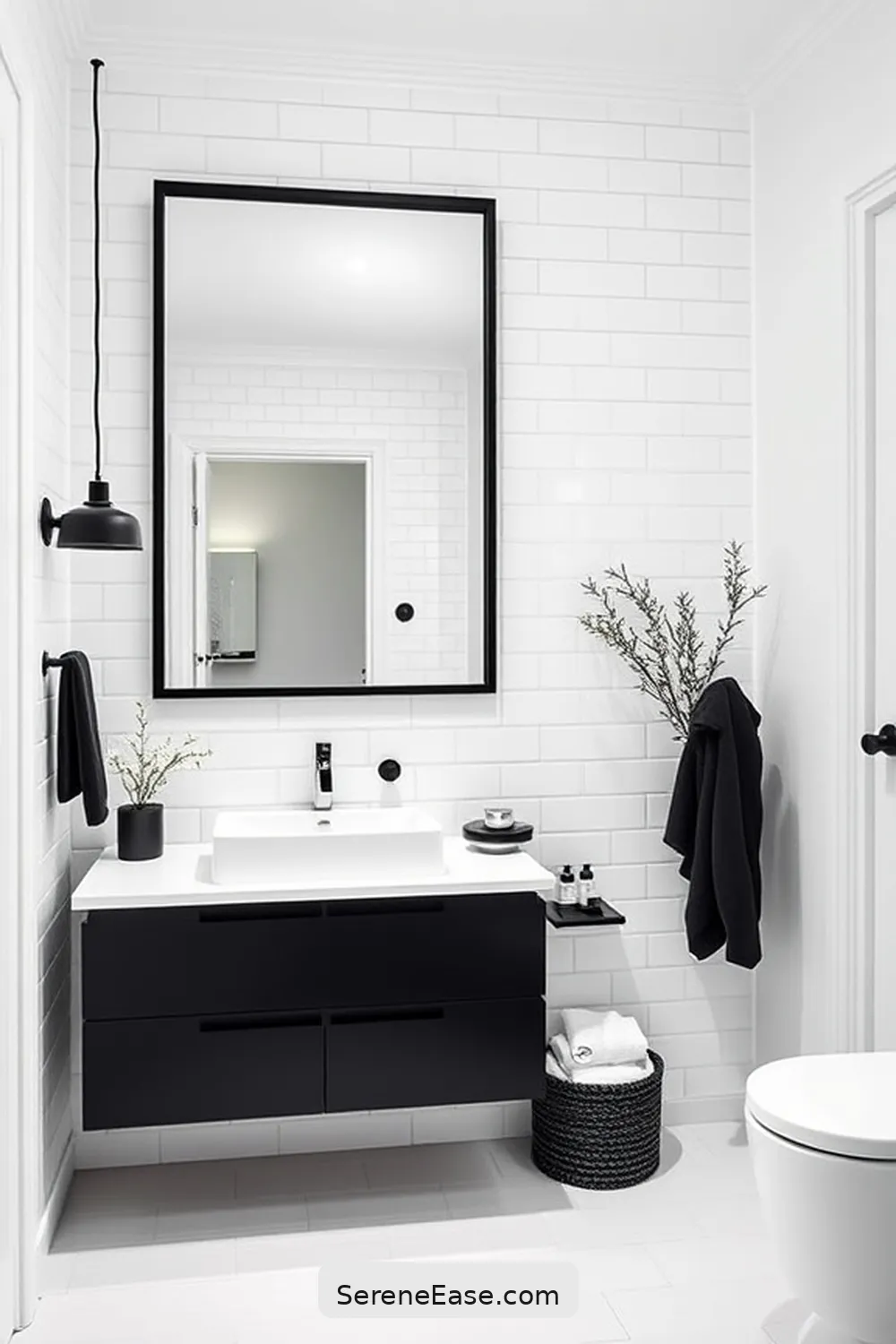 24 Stunning Scandinavian Bathroom Ideas in Black and White Style 18 Statement Mirrors in Black Frames for 24 Stunning Scandinavian Bathroom Ideas in Black and White Style