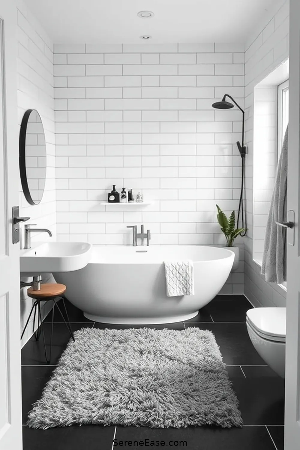 24 Stunning Scandinavian Bathroom Ideas in Black and White Style 21 Stylish Bathroom Rugs for 24 Stunning Scandinavian Bathroom Ideas in Black and White Style