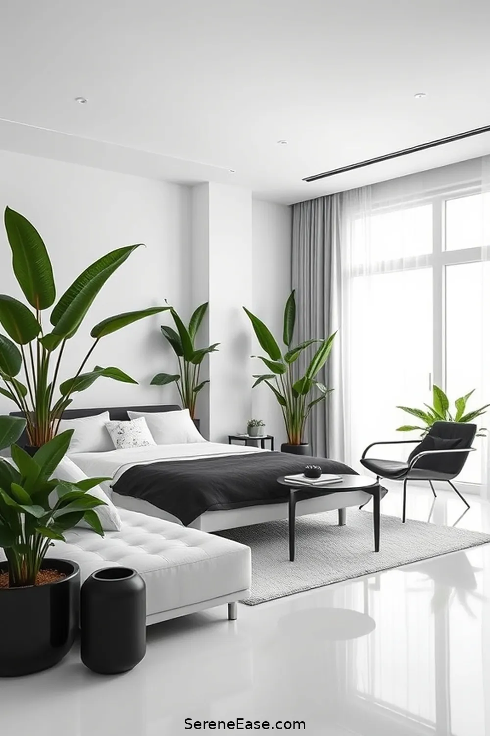 24 Stunning Ways to Embrace Black and White Minimalist Style in Your Bedroom 15 Add Greenery for a Touch of Life for 24 Stunning Ways to Embrace Black and White Minimalist Style in Your Bedroom
