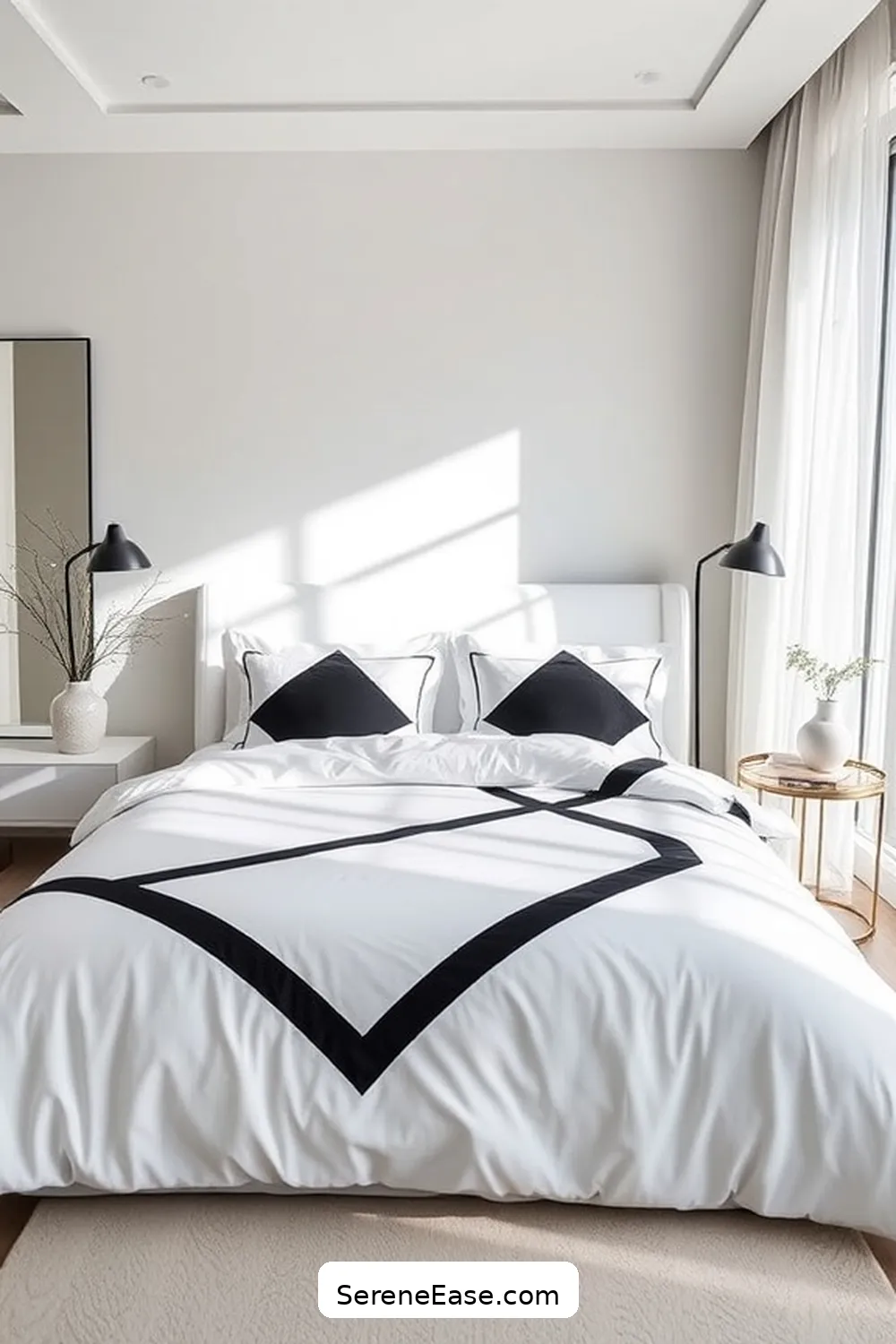 24 Stunning Ways to Embrace Black and White Minimalist Style in Your Bedroom 14 Choose Simple Bedding With Bold Accents for 24 Stunning Ways to Embrace Black and White Minimalist Style in Your Bedroom